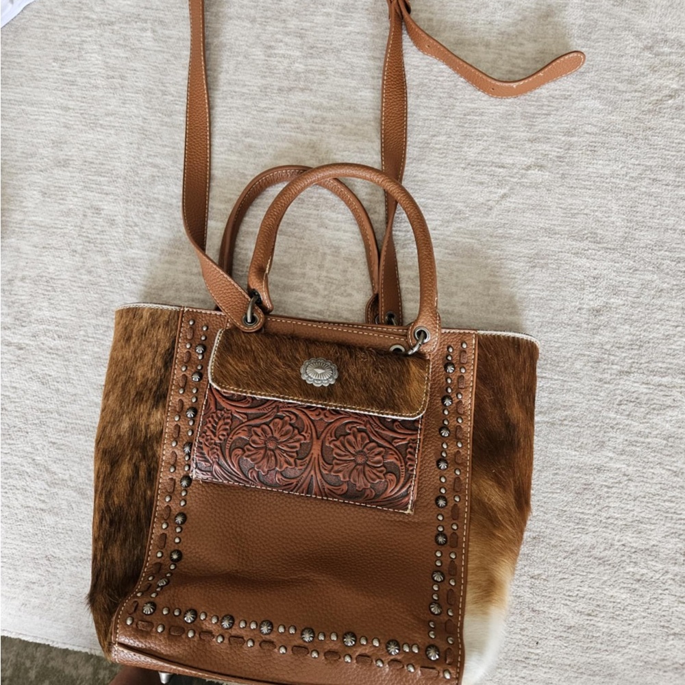 Brown Leather Tote Bag with Embossed Design